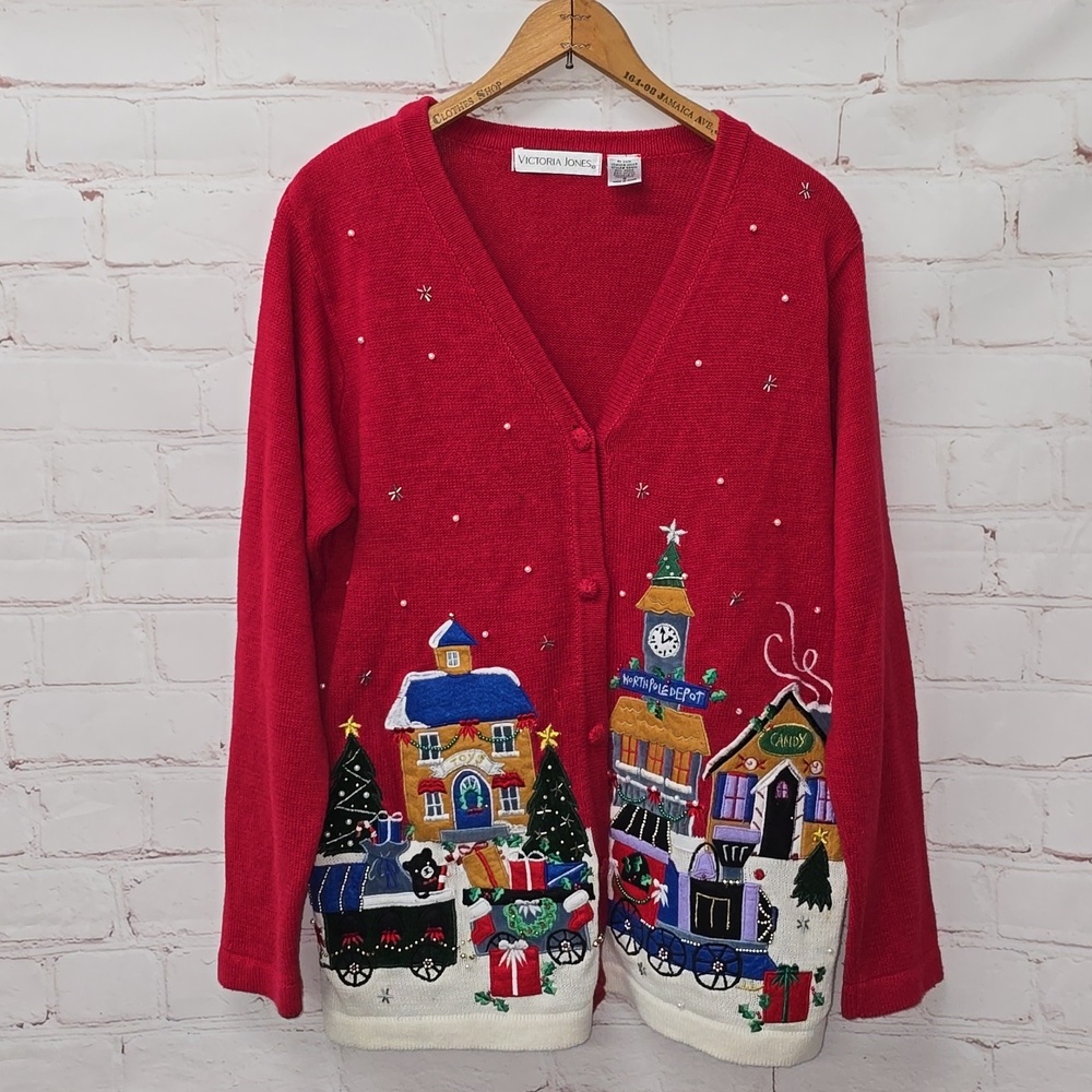 1990s Victoria Jones Red Cardigan Christmas Village Womens Size S